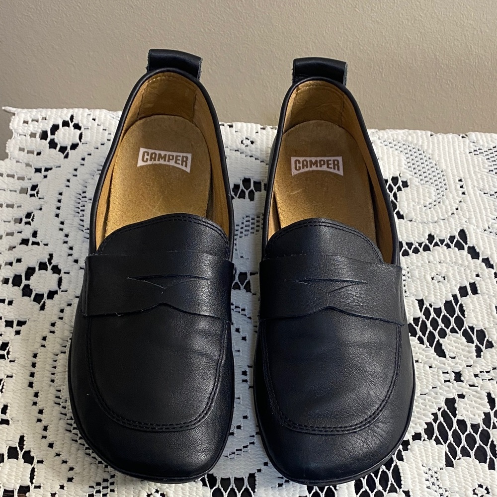 Camper Black Leather Penny Loafers Flats